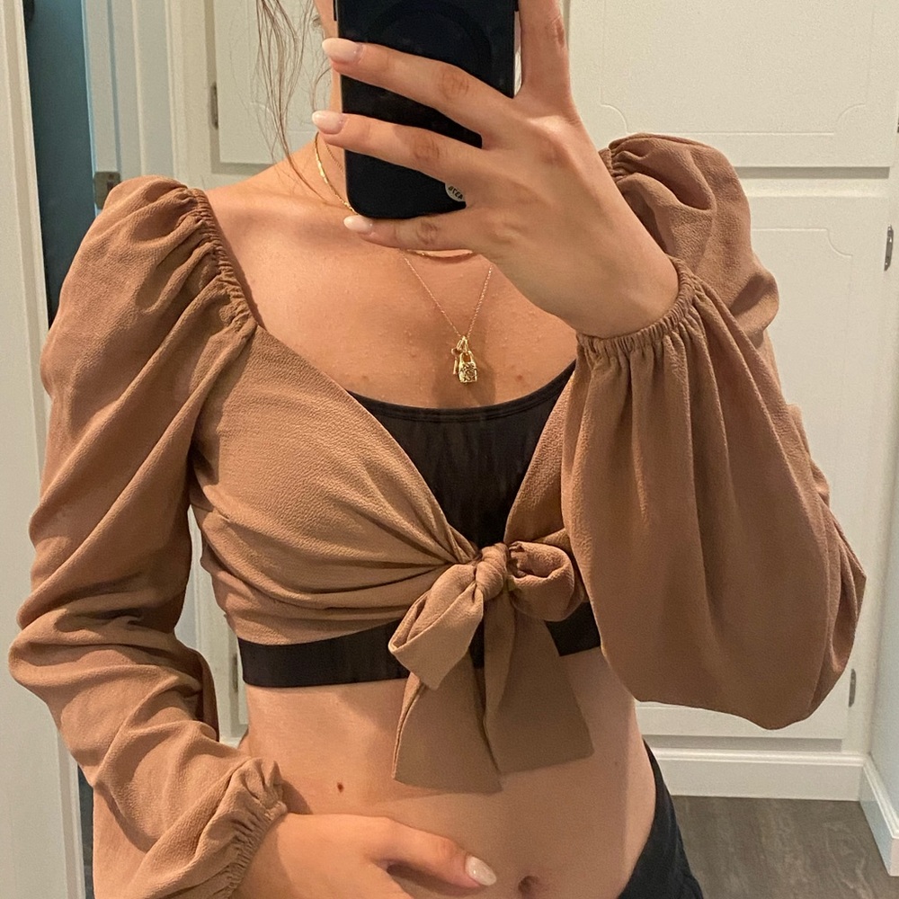 Better Be Brown Puff Sleeve Tie-Front Blouse